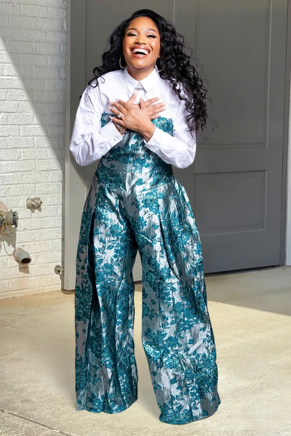 Elegant Strapless Jacquard Wide Leg Jumpsuit