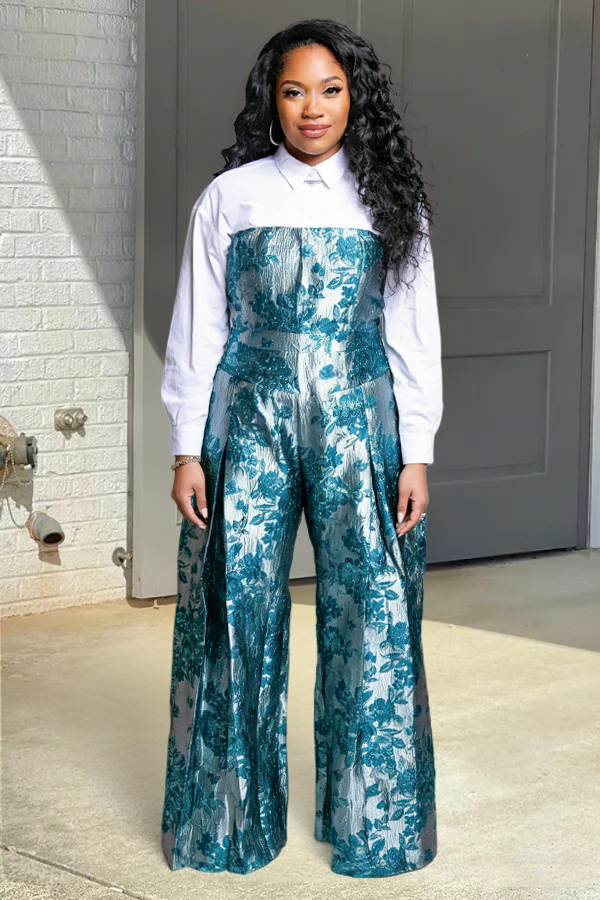 Elegant Strapless Jacquard Wide Leg Jumpsuit