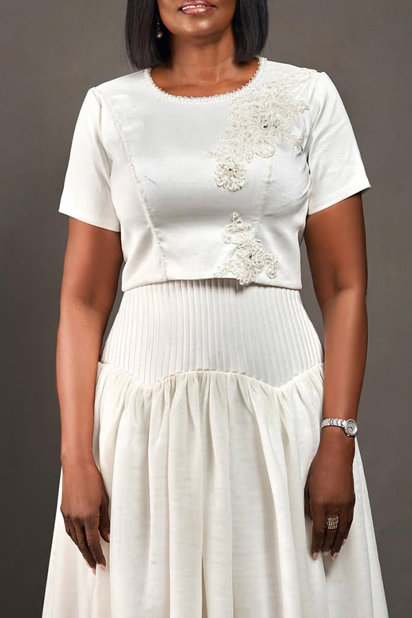 Stylish Patchwork Lace Top & Ruffle Hem Skirt Set