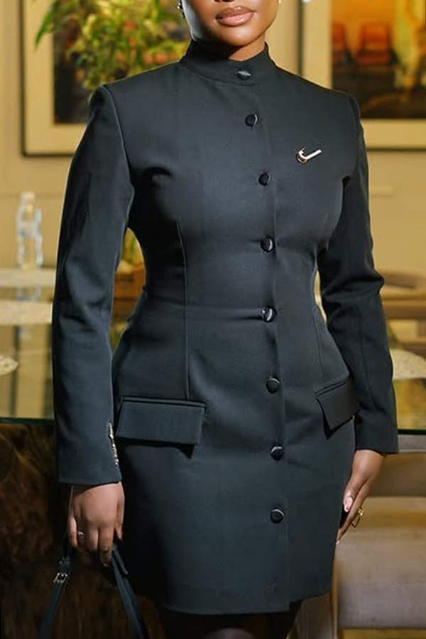 Classic Single Breasted Stand Collar Midi Dress
