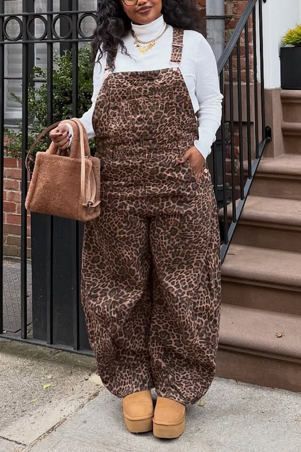 Stylish Adjustable Straps Leopard Print Overalls