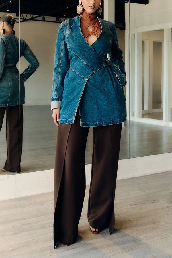 Chic Side Metal Buckle Denim Blazer