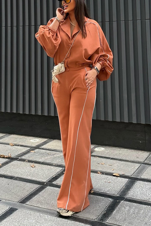 Chic Lapel Collar Batwing Sleeve Top & Pants Set