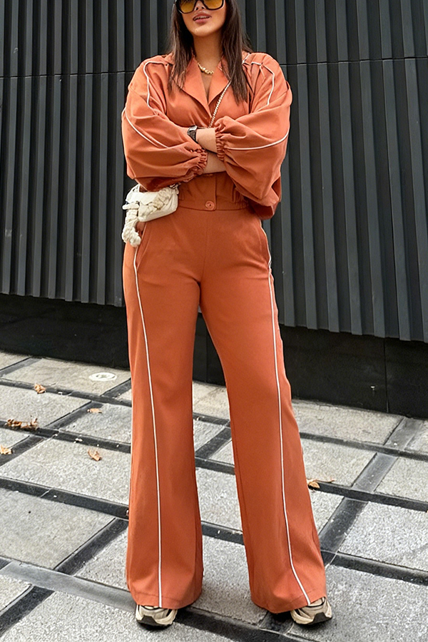 Chic Lapel Collar Batwing Sleeve Top & Pants Set