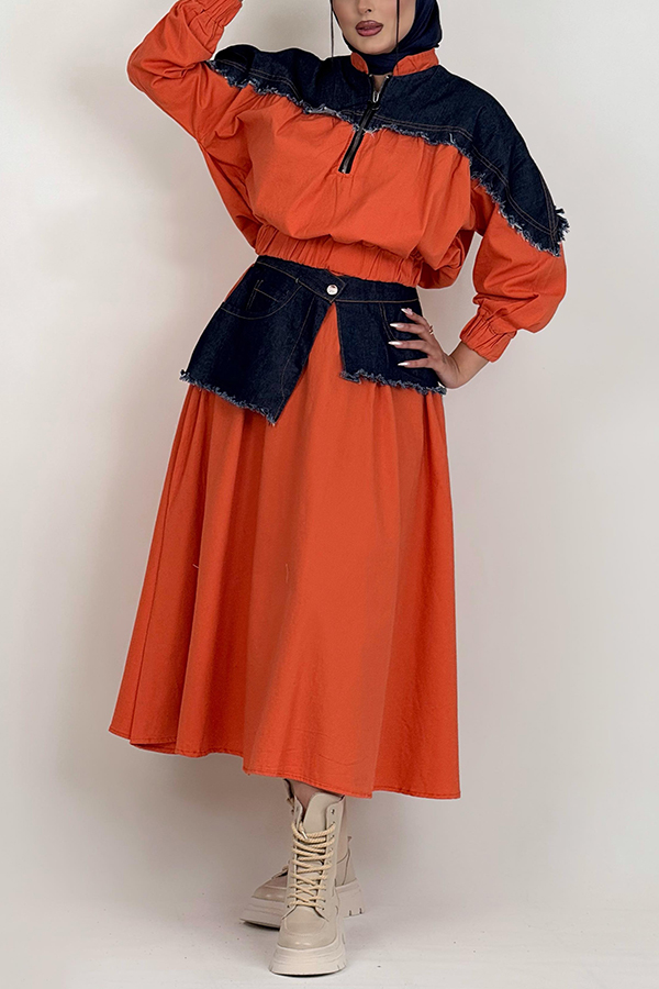 Fashion Contrast Denim Half-Zip Top & Skirt Set