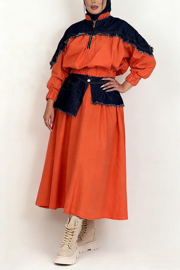 Fashion Contrast Denim Half-Zip Top & Skirt Set