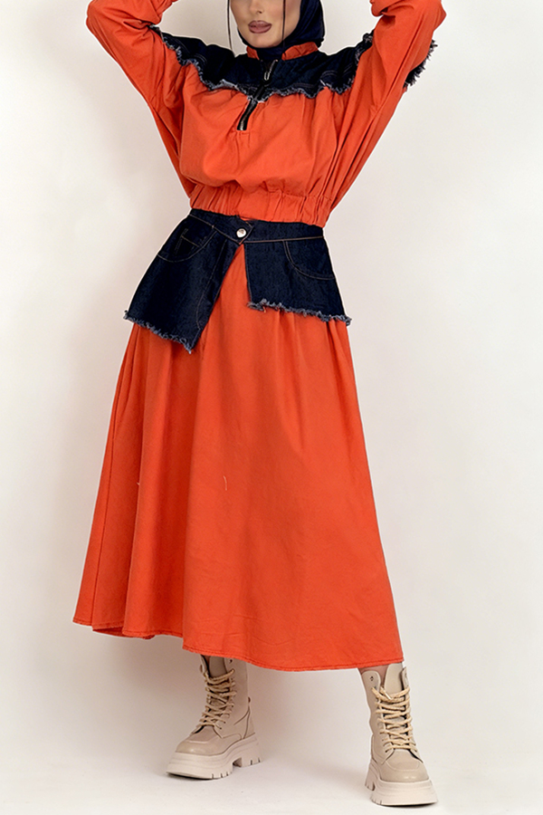 Fashion Contrast Denim Half-Zip Top & Skirt Set