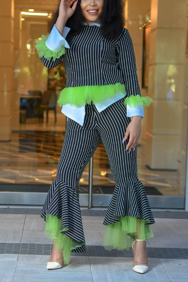 Chic Striped Ruffle Hem Top & Pants Set
