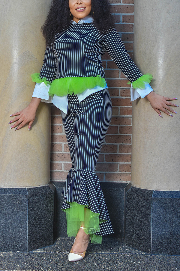 Chic Striped Ruffle Hem Top & Pants Set