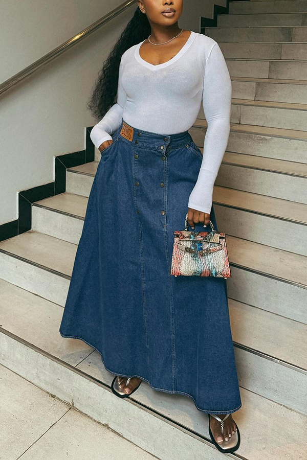 Chic Denim Double Breasted Long Skirt
