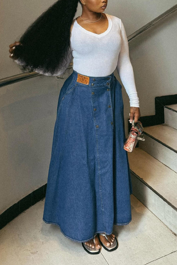 Chic Denim Double Breasted Long Skirt