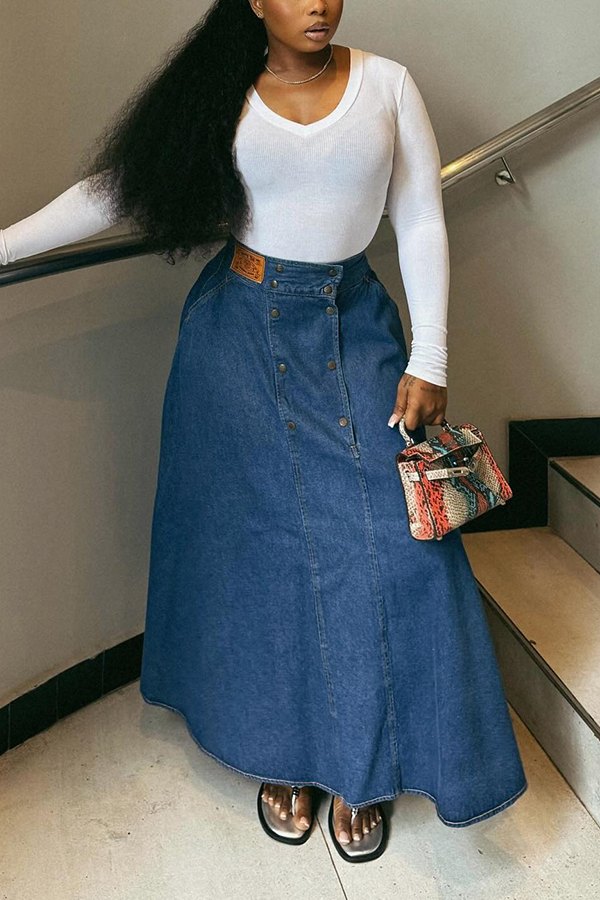 Chic Denim Double Breasted Long Skirt