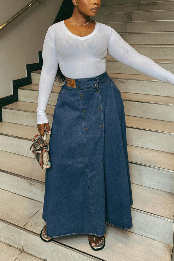 Chic Denim Double Breasted Long Skirt