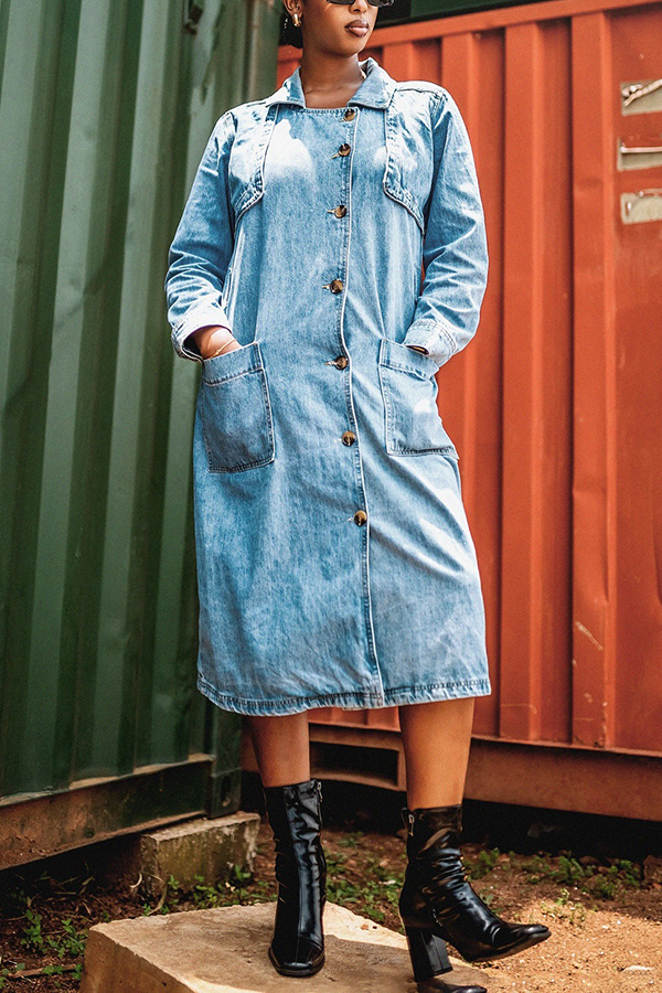 Stylish Single Breasted Patched Pocket Dress