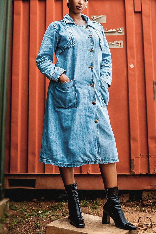 Stylish Single Breasted Patched Pocket Dress