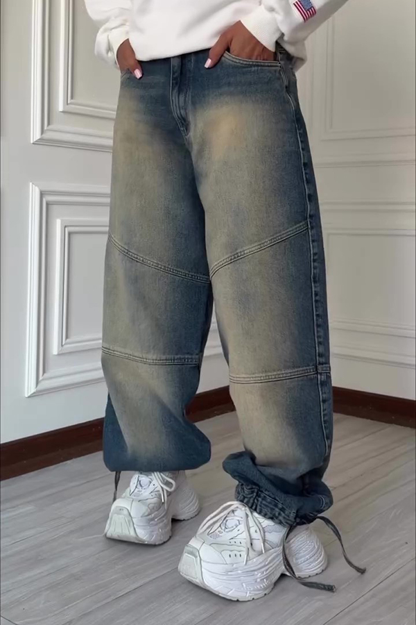 Stylish Drawstring Hem Washed Jeans