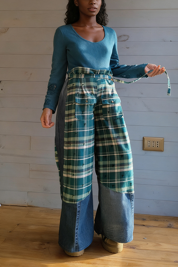 Retro Contrast Plaid Flap Pocket Jeans