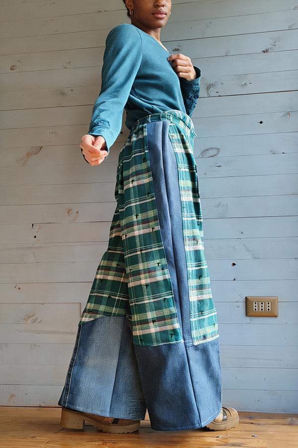 Retro Contrast Plaid Flap Pocket Jeans