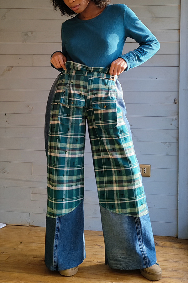 Retro Contrast Plaid Flap Pocket Jeans