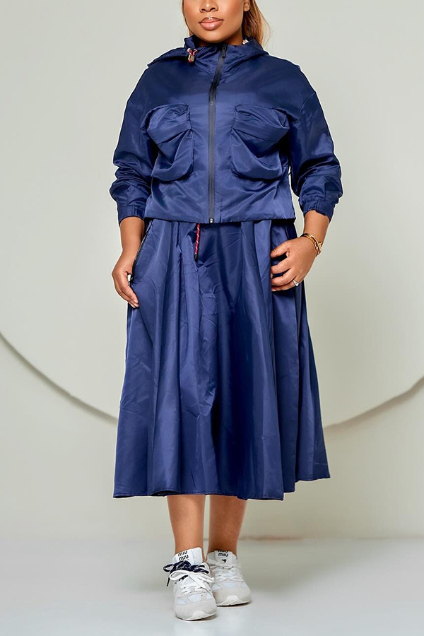 Fashion Flap Pocket Zip Front Top & Skirt Set