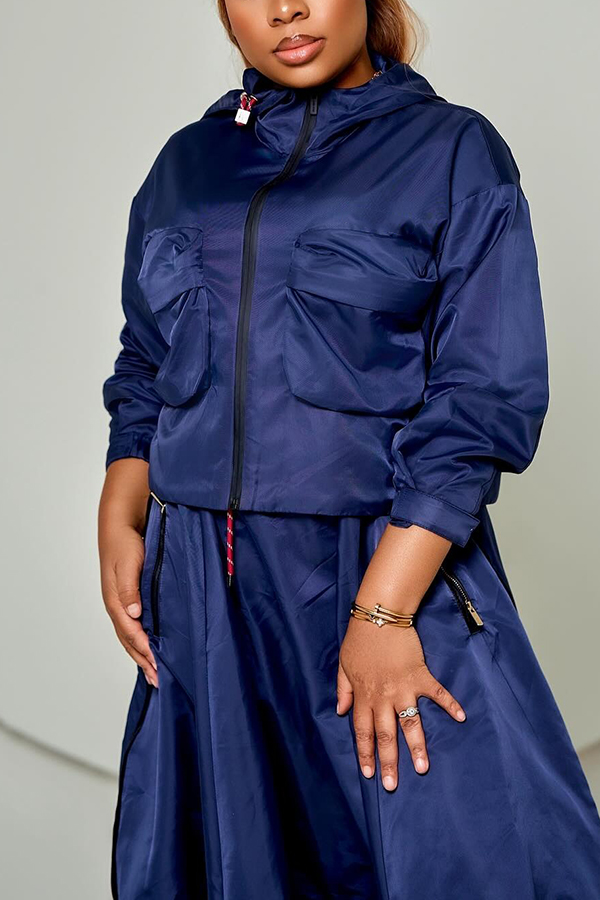 Fashion Flap Pocket Zip Front Top & Skirt Set