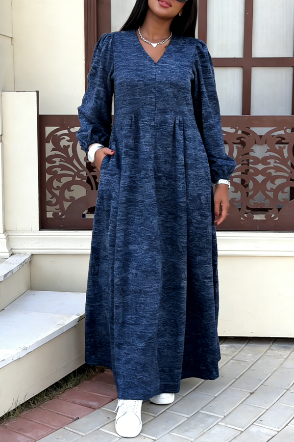 Cozy V-Neck Lantern Sleeve Dress