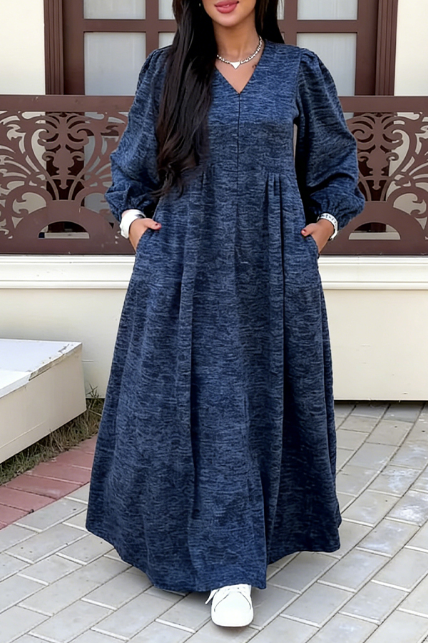 Cozy V-Neck Lantern Sleeve Dress