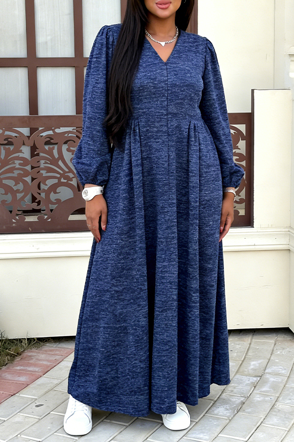 Cozy V-Neck Lantern Sleeve Dress