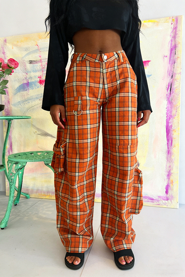 Chic Plaid Flap Pocket Pants