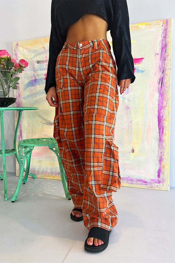 Chic Plaid Flap Pocket Pants
