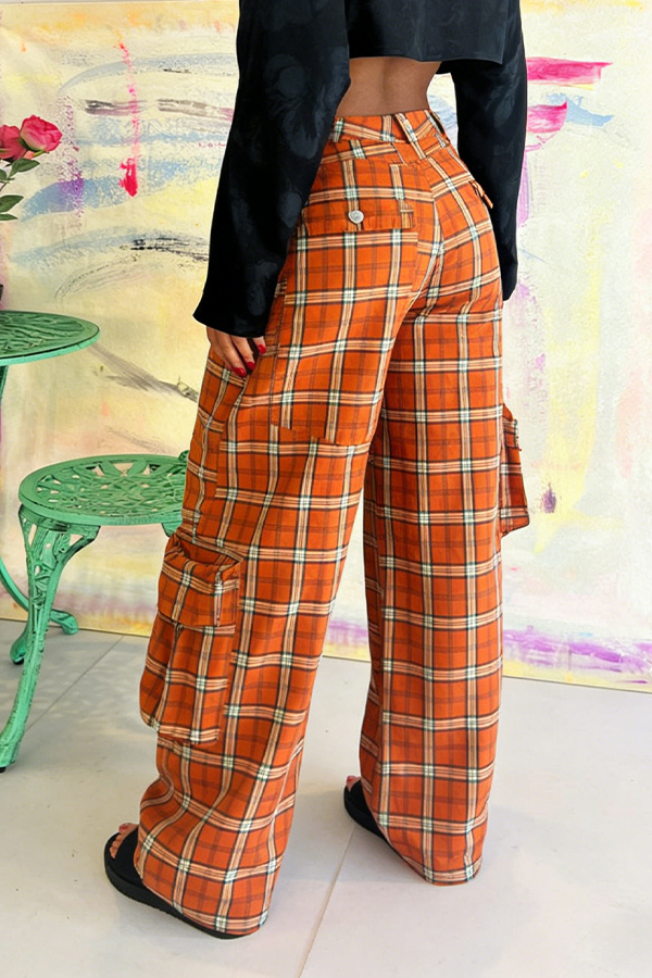 Chic Plaid Flap Pocket Pants