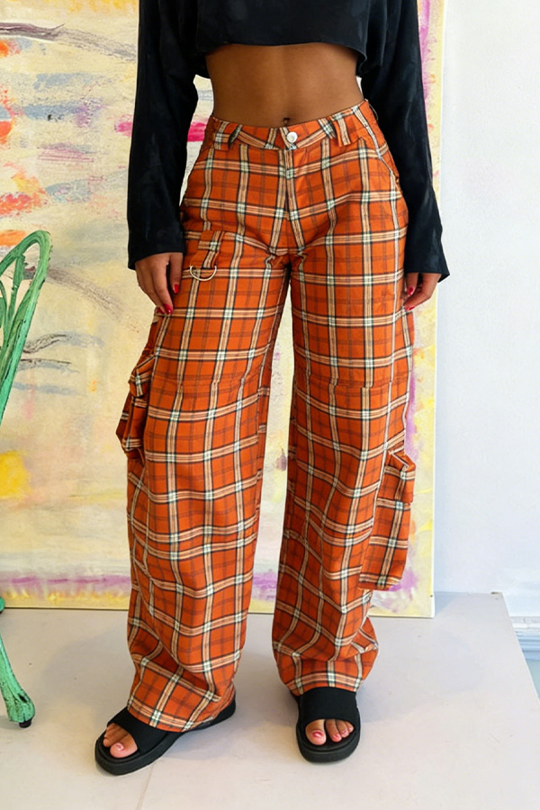 Chic Plaid Flap Pocket Pants