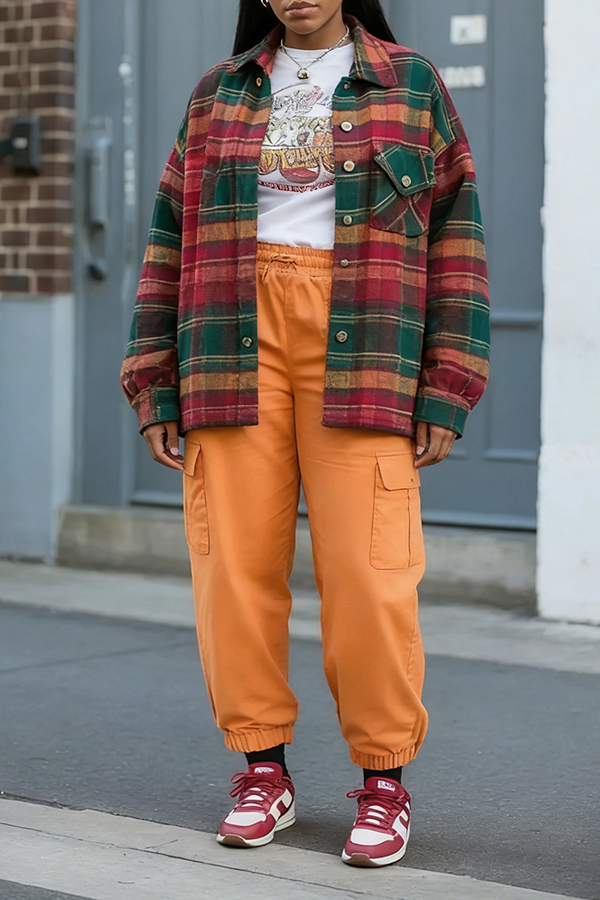 Stylish Plaid Jacket & Flap Pocket Pants Set