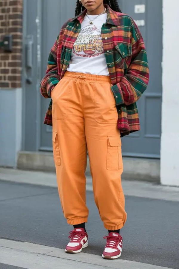 Stylish Plaid Jacket & Flap Pocket Pants Set