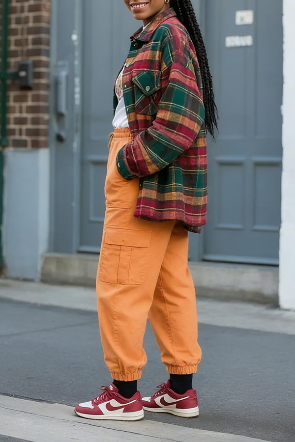 Stylish Plaid Jacket & Flap Pocket Pants Set