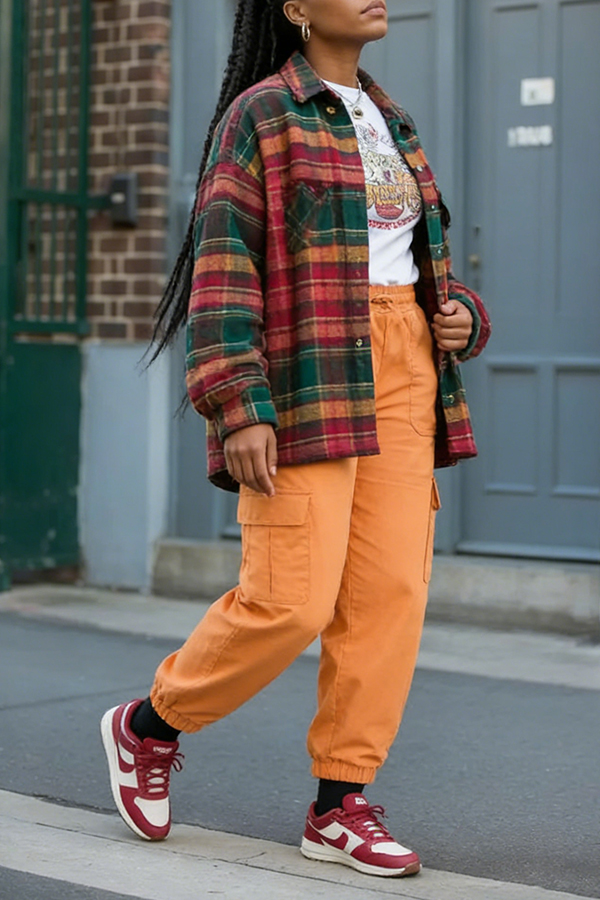 Stylish Plaid Jacket & Flap Pocket Pants Set