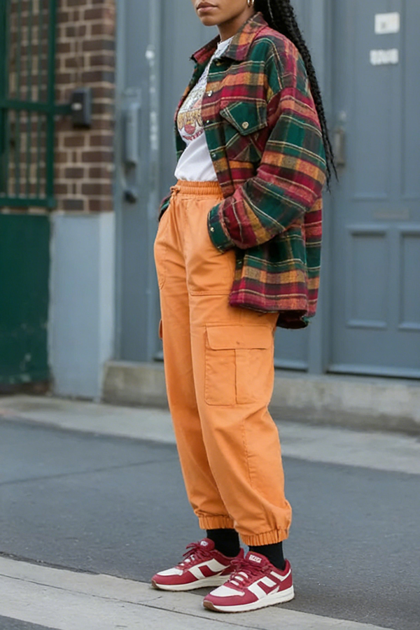 Stylish Plaid Jacket & Flap Pocket Pants Set