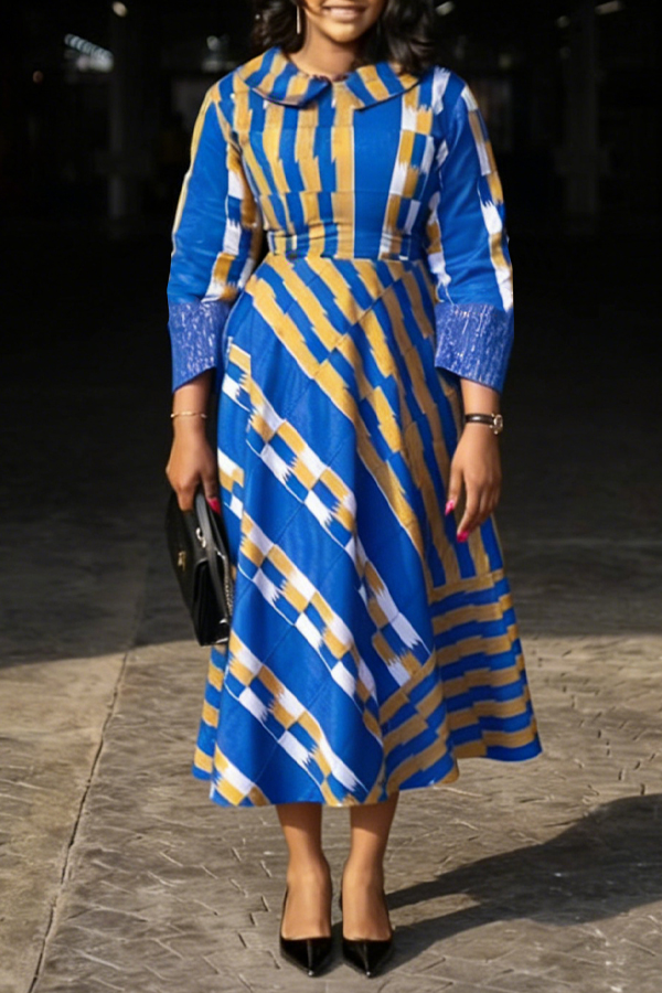 Retro Striped Peterpan Collar Midi Dress