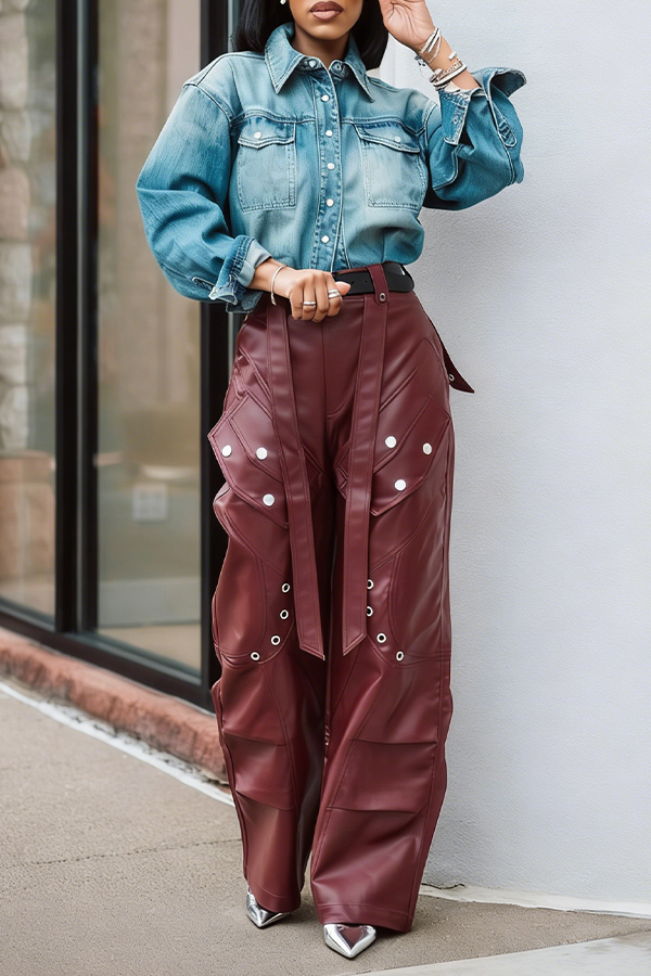 Fashion Eyelet Decoration Pleated Straight Leg Pants