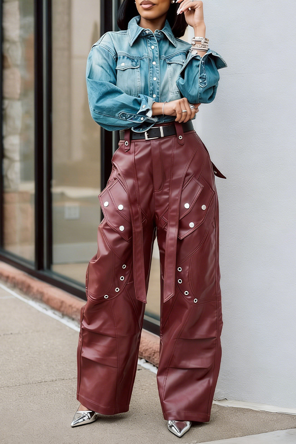 Fashion Eyelet Decoration Pleated Straight Leg Pants