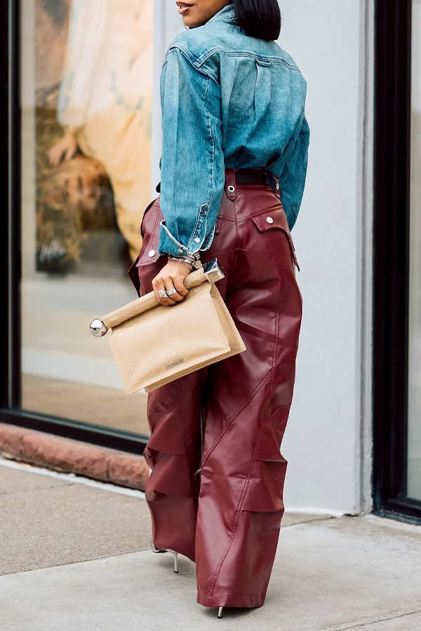 Fashion Eyelet Decoration Pleated Straight Leg Pants