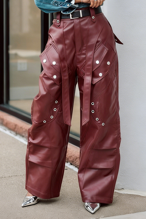 Fashion Eyelet Decoration Pleated Straight Leg Pants