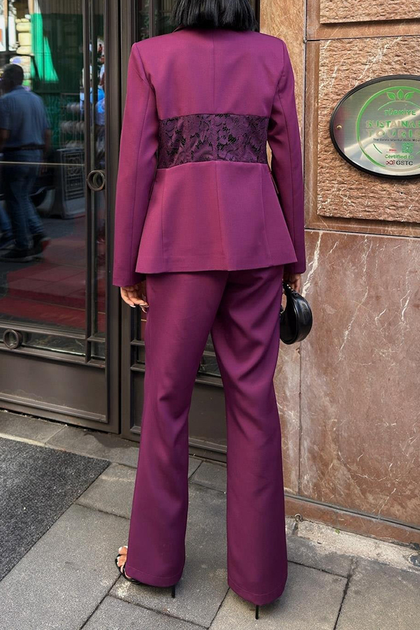 Stylish Contrast Lace Blazer & Pants Set