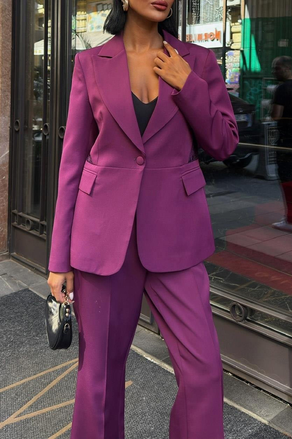 Stylish Contrast Lace Blazer & Pants Set