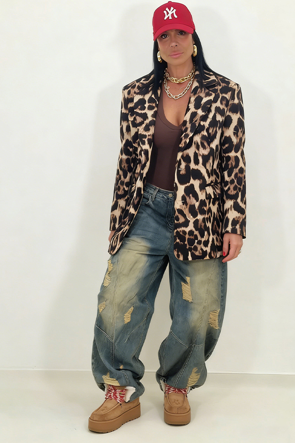 Retro Leopard Print Lapel Collar Blazer