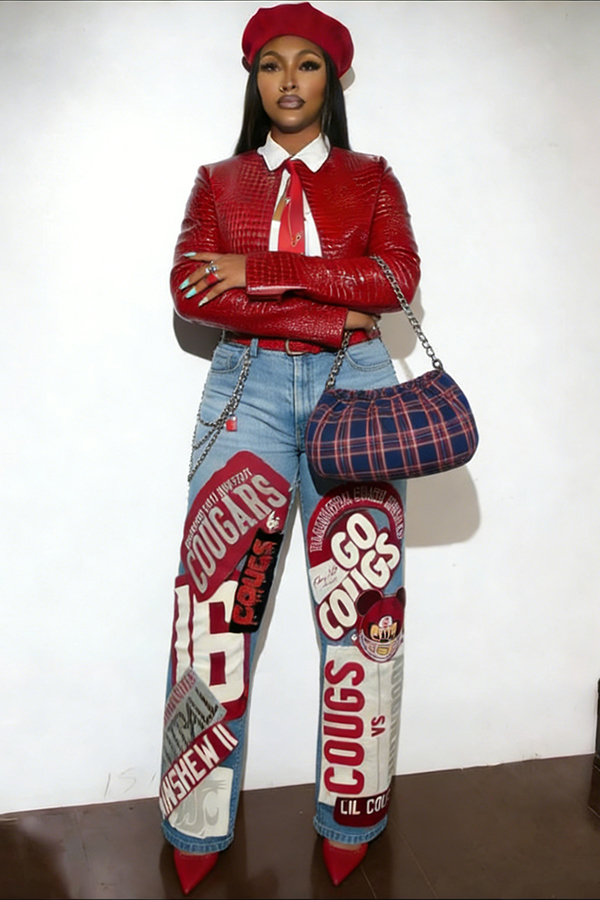 Stylish Letter Patches Straight Leg Jeans