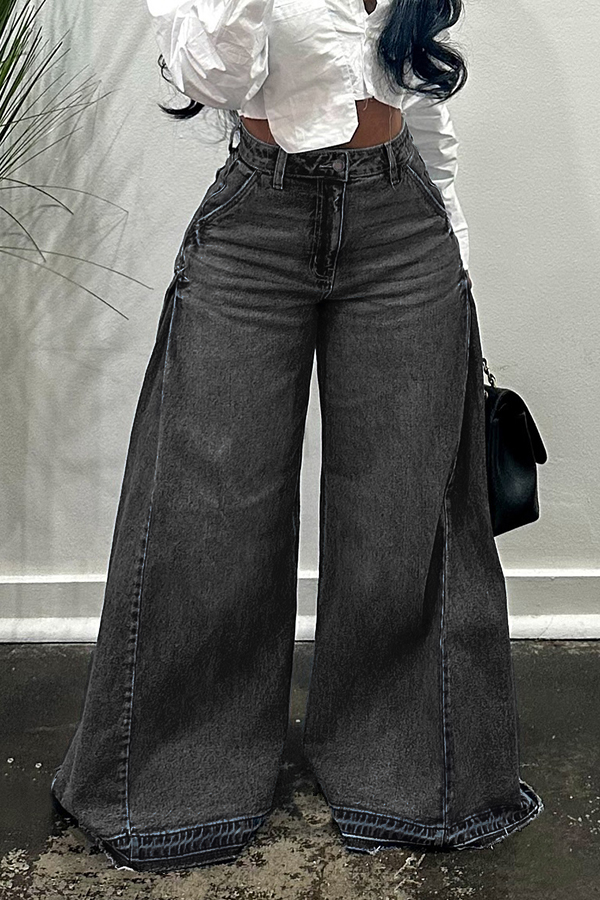 Casual Solid High Waist Wide-Leg Jeans