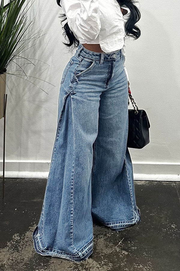 Casual Solid High Waist Wide-Leg Jeans