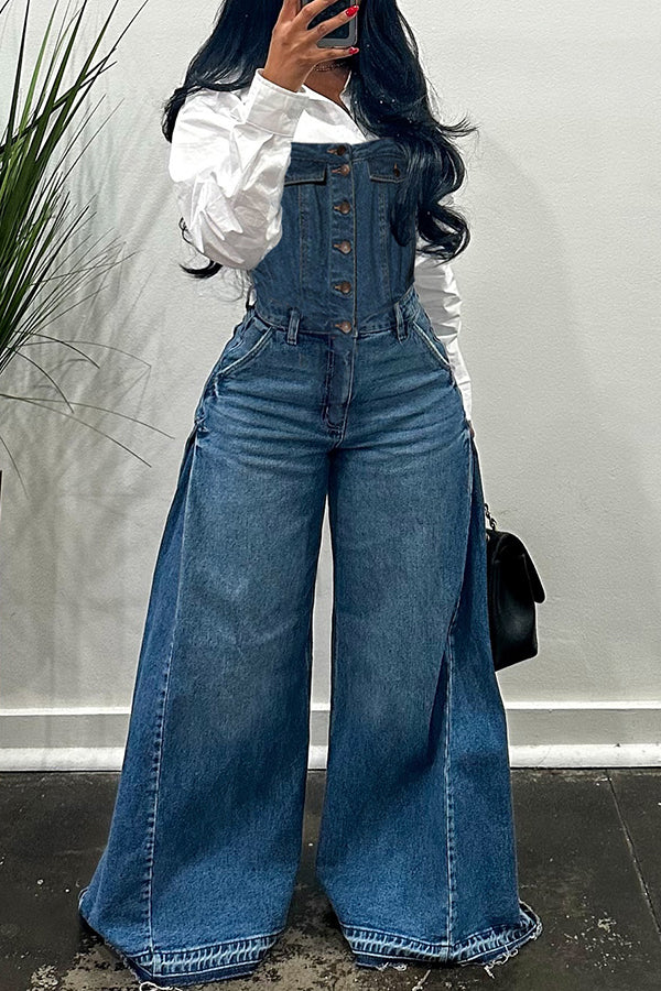 Casual Single Breasted Wide Leg Denim Jumpsuits