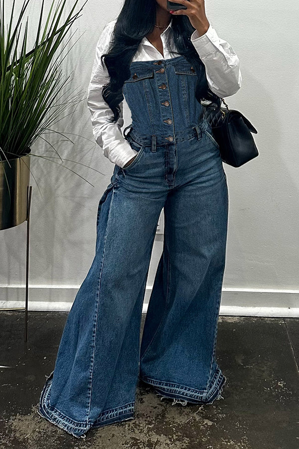 Casual Single Breasted Wide Leg Denim Jumpsuits